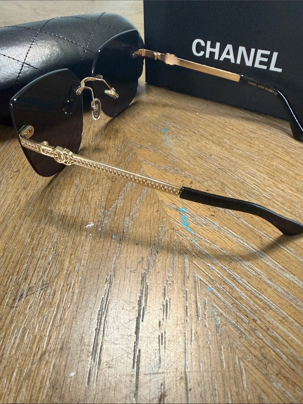 CHANEL Black Rimless Square Sunglasses with Gold CC Accents - Picture 8 of 10